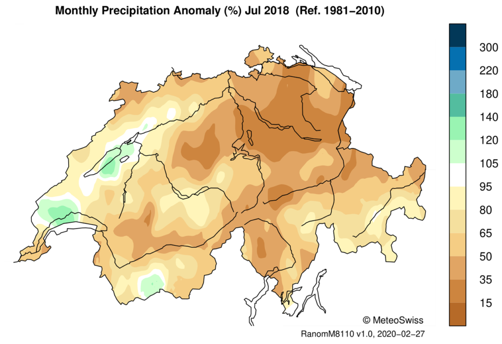 Karte der Schweiz mit Niederschlag Juli 2018, Abweichung von normal