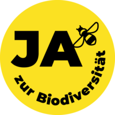 Logo Biodiversitätsinitiative: gelber Kreis, darauf eine Biene und der Text "Ja zu Biodiversität"